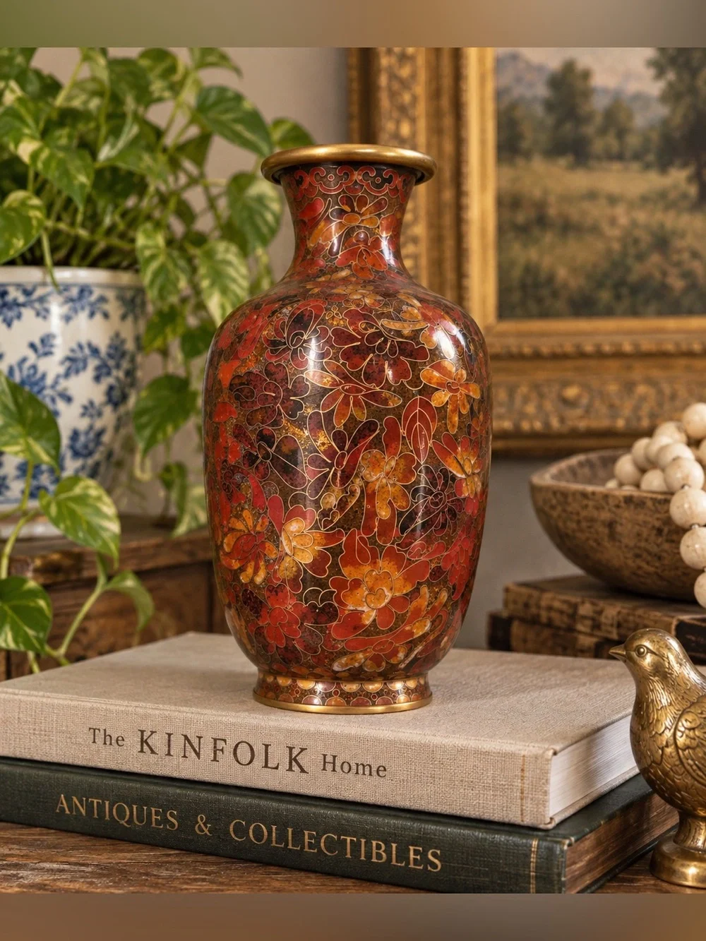 Chinese Cloisonné Floral Vase Multicolor Enamel Gold Tone 8”